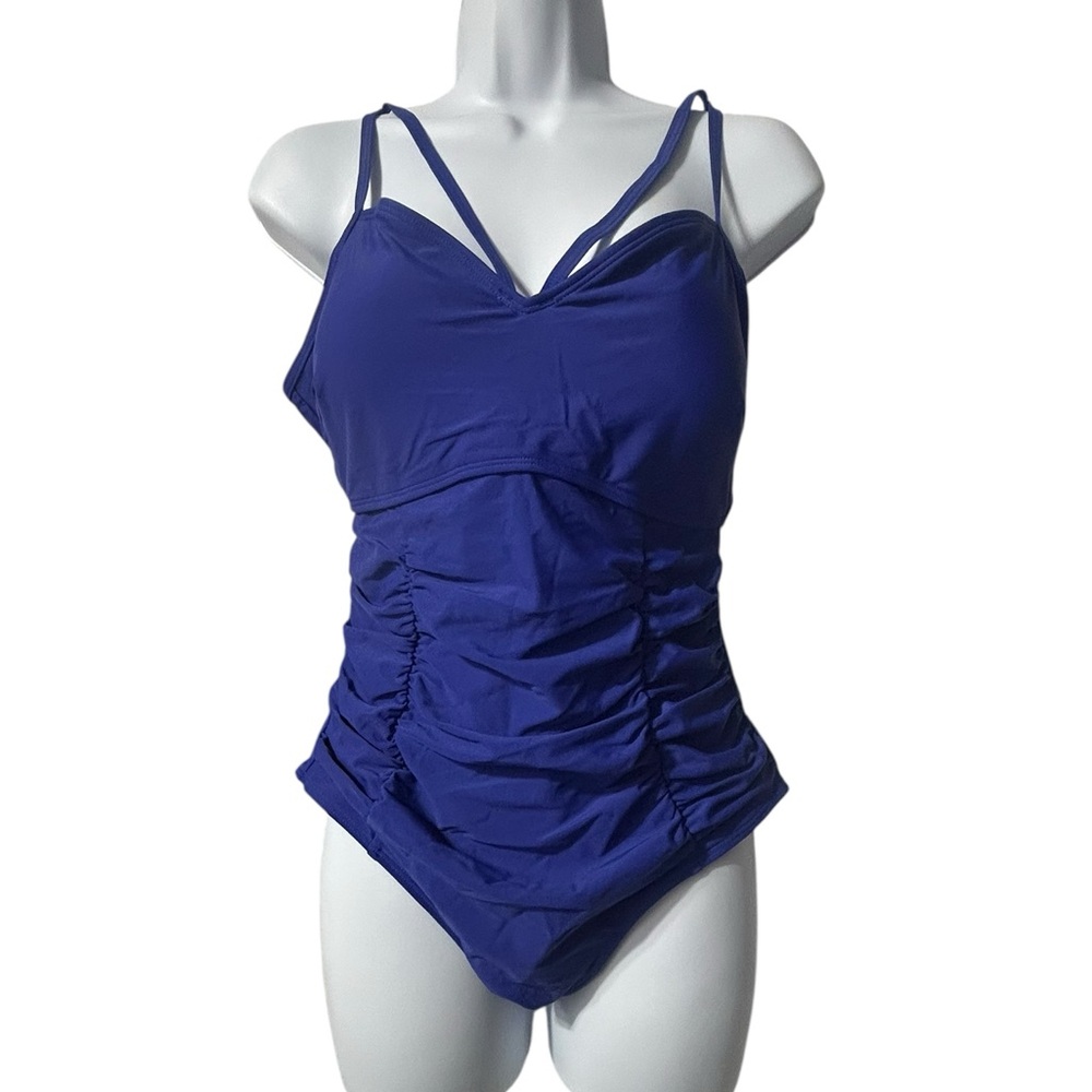 GRACE KARIN blue one piece ruched middle tummy control swimsuit size M NWT - Picture 2 of 6